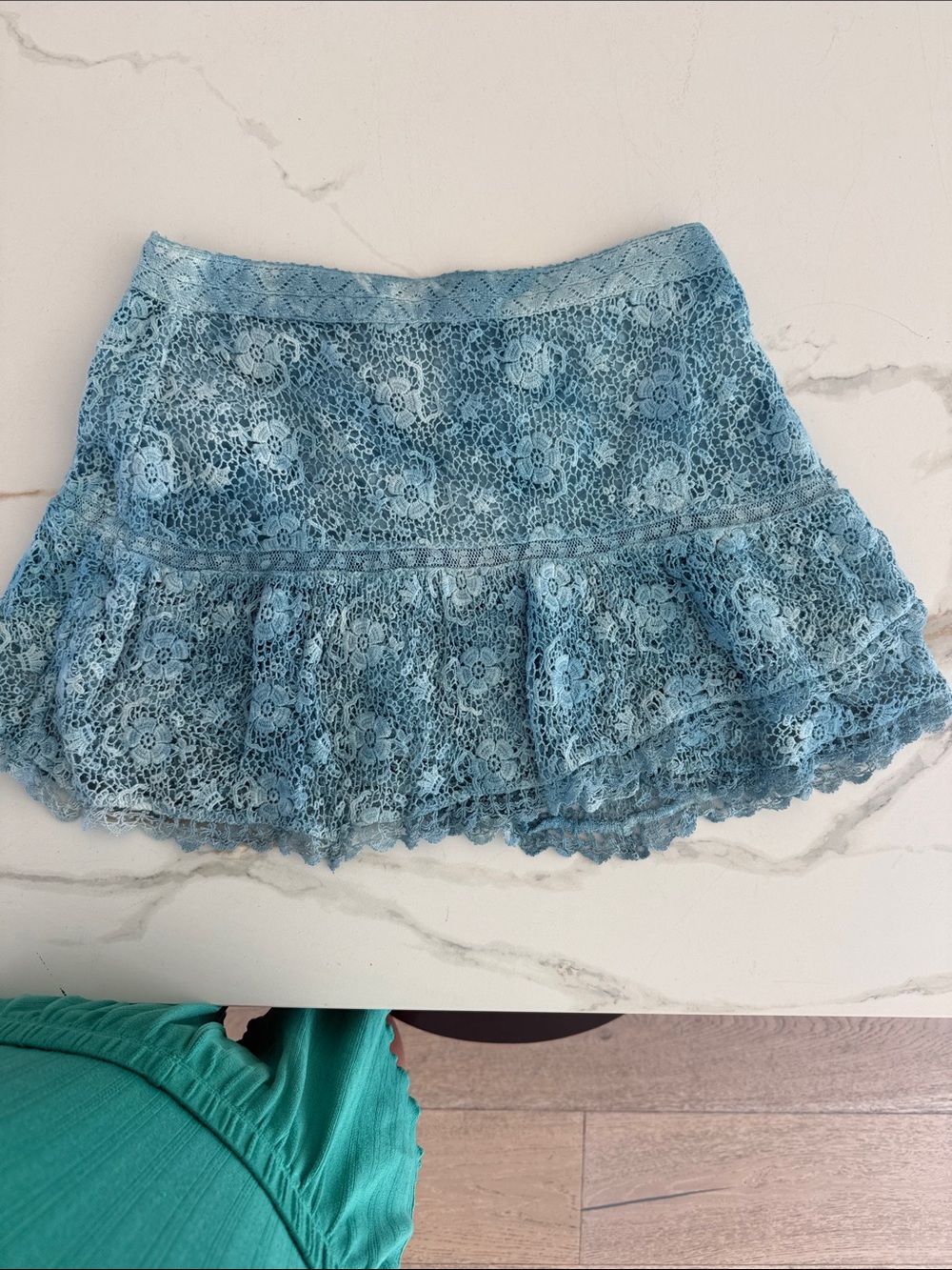Love Shack Fancy Light Blue Lace Ruffle Mini Skirt